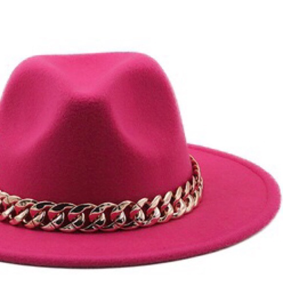 NWOT Stunning 2 pcs Set/Hot Pink Big Brimmed Fedora Hat/Chain Purse - Picture 6 of 6